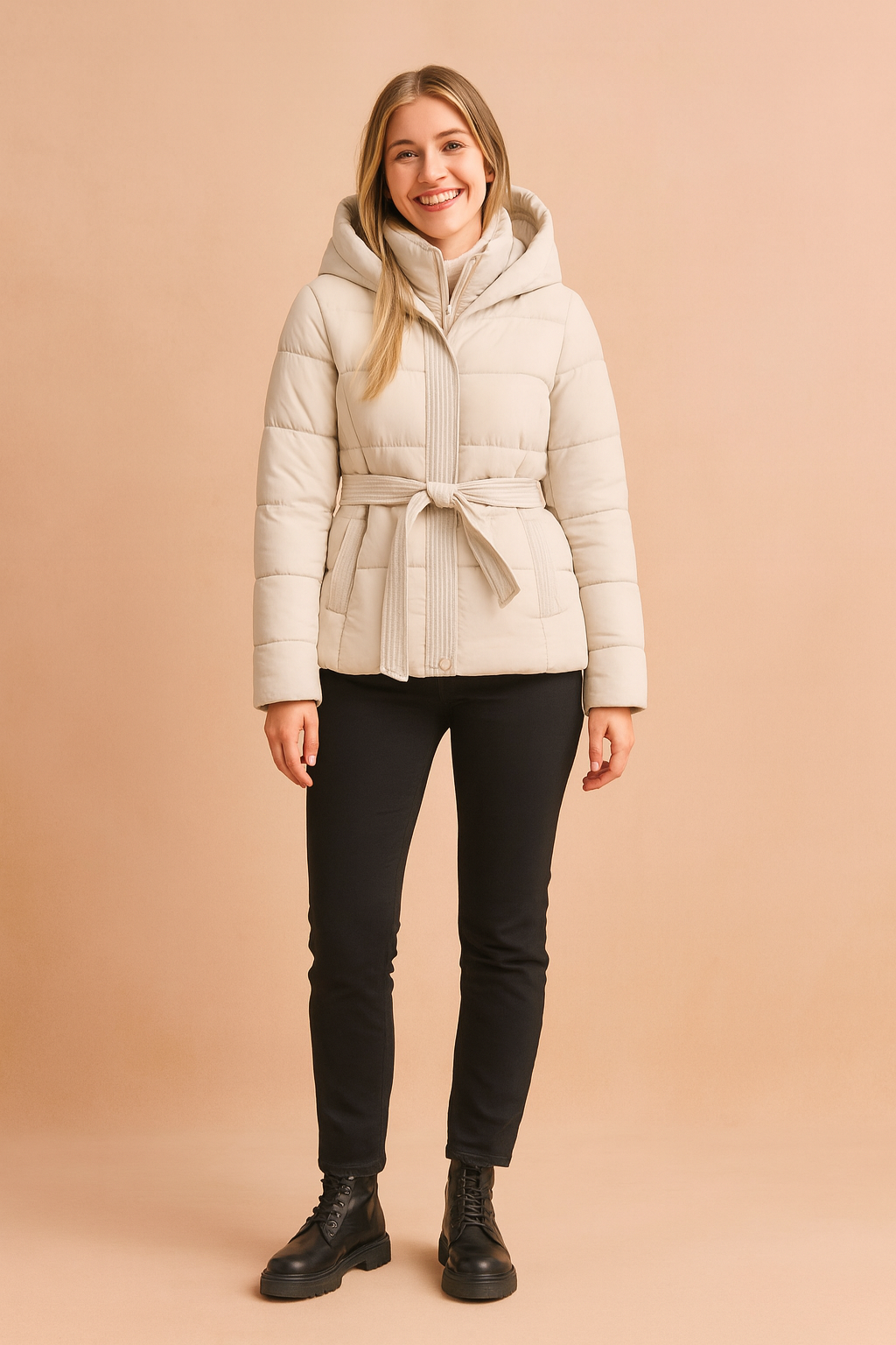 Warm Parka Coat with Adjustable Belt and Hood
