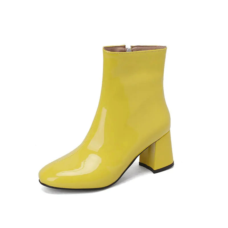 Shiny Leather Low Heel Ankle Boots for Women