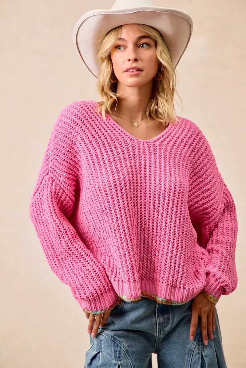 Women's V-Neck Sweater with Bright Contrast Trim - EasyApparels