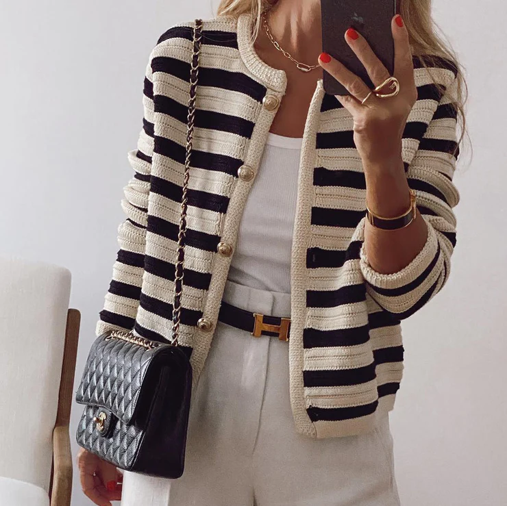 Classic Striped Open Front Women's Cardigan Sweater - EasyApparels
