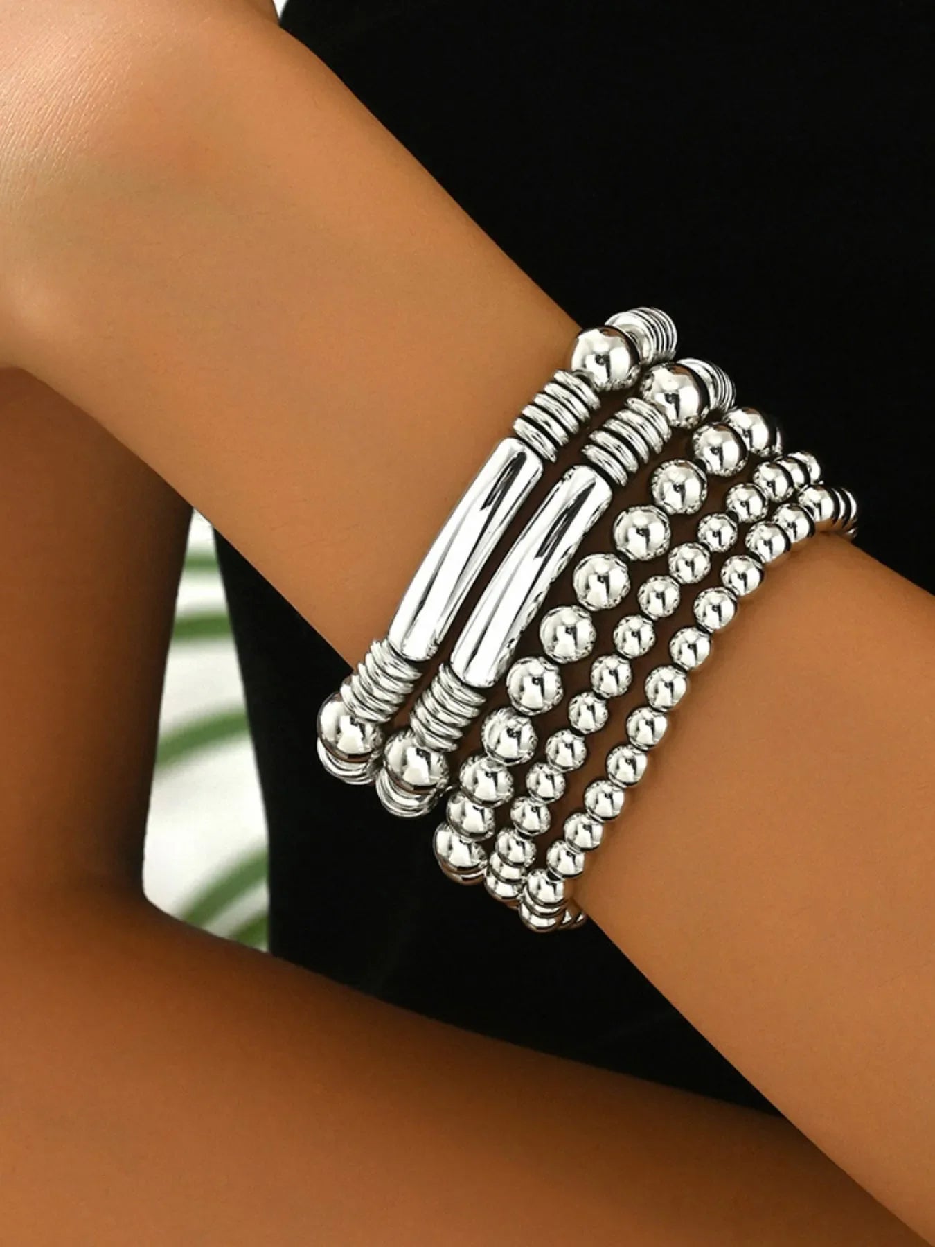 Shiny Silver Tone Beaded Chain Bracelet