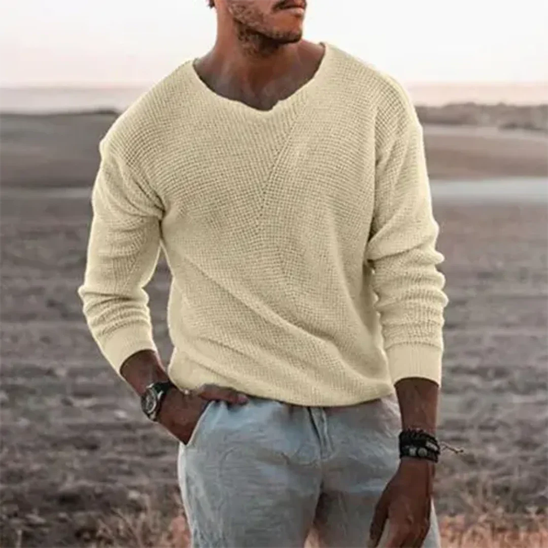 Casual Men's V Neck Sweater Long Sleeve Ribbed Fit