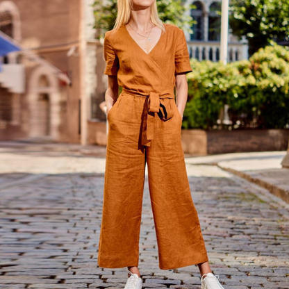 Women's V-Neck Short Sleeve Jumpsuit with Belt - EasyApparels