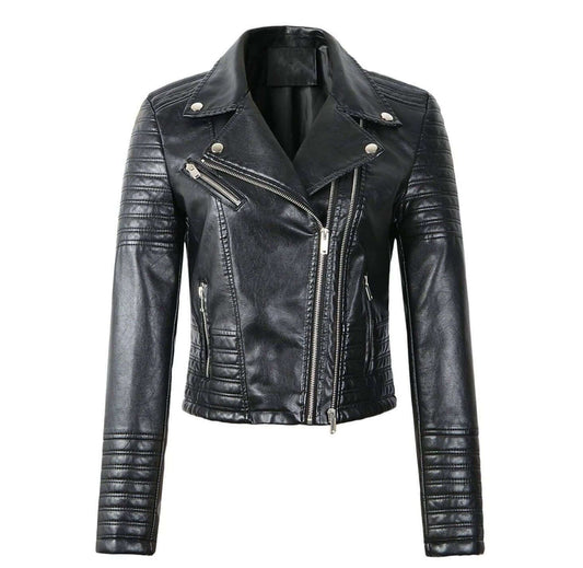 Trendy Black Faux Leather Biker Jacket - EasyApparels
