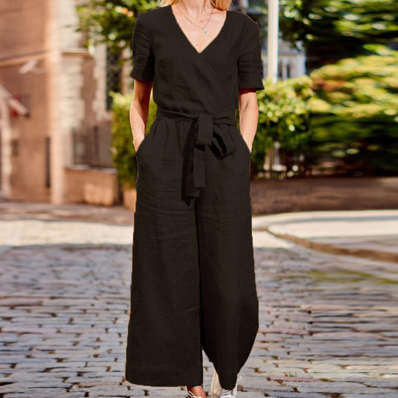 Women's V-Neck Short Sleeve Jumpsuit with Belt