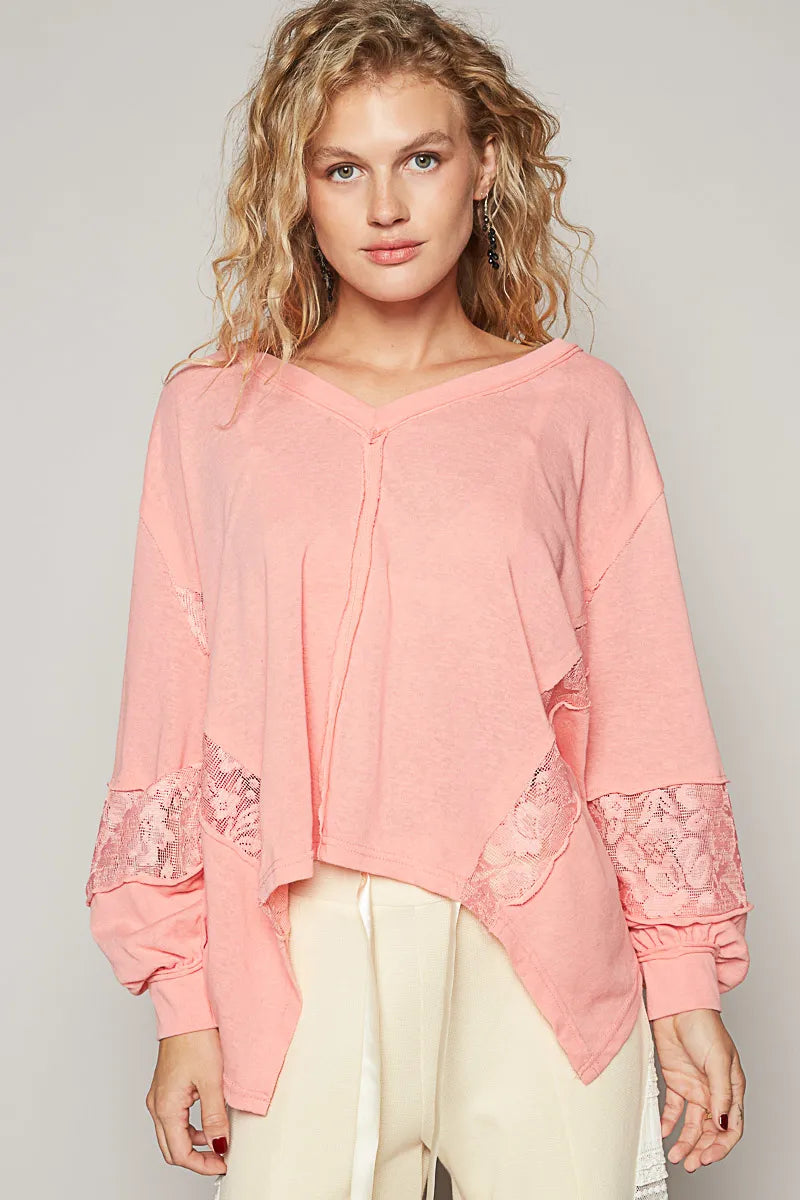 Women's V-Neck Lace Trim Long Sleeve Tee - EasyApparels