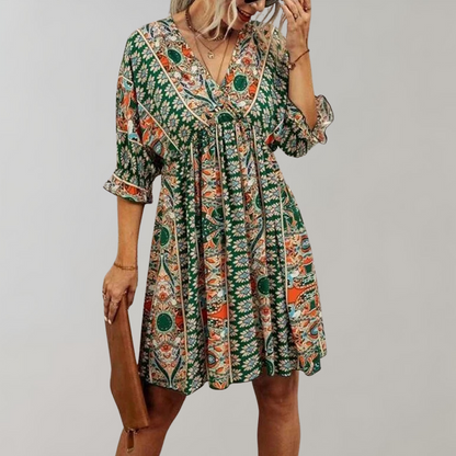 Women's V-Neck A-Line Dress with Floral Ruffles