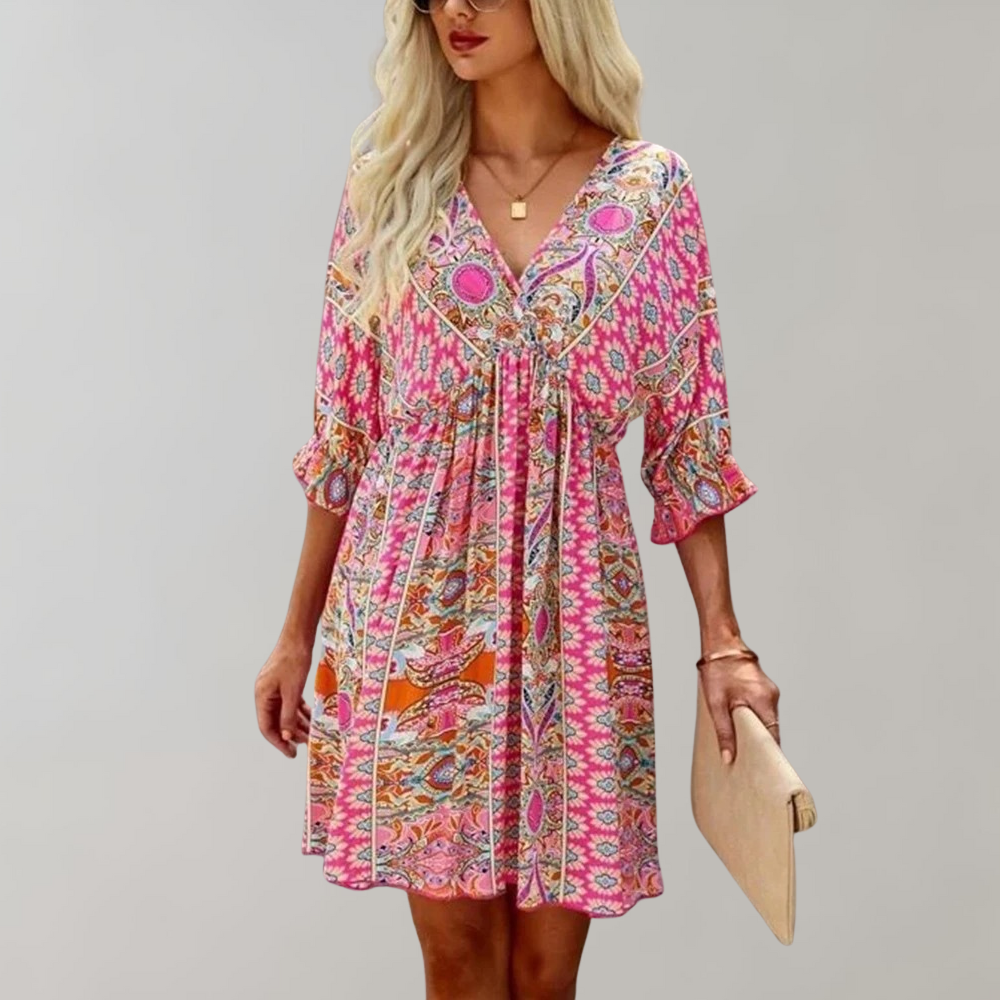 Women's V-Neck A-Line Dress with Floral Ruffles - EasyApparels