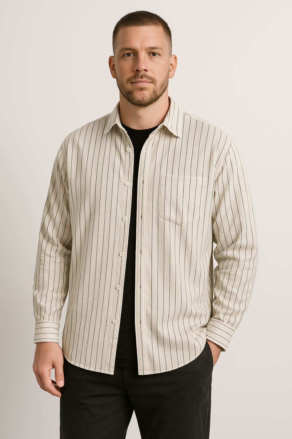 Casual Striped Cotton Long Sleeve Men's Shirt