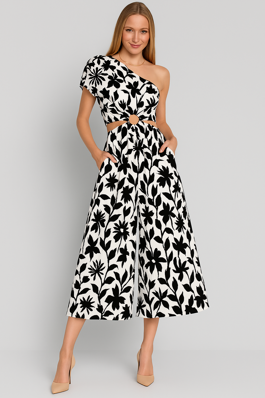 Women's Wide Leg Jumpsuit One Shoulder Cutout Design - EasyApparels