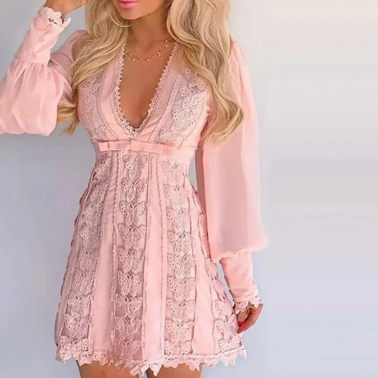 Women's V-Neck Lace Dress Long Sleeve Formal Gown - EasyApparels