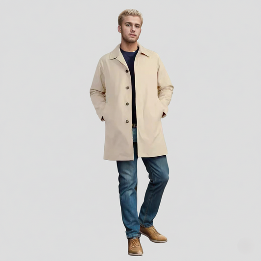 Waterproof Men's Long Trench Coat with Buttons - EasyApparels