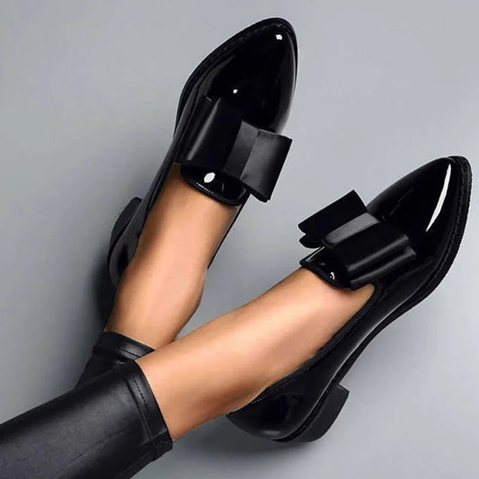 Shiny Womens Flat Shoes - Elegant Slip On Bow Detail - EasyApparels