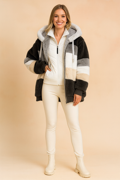 Warm Padded Jacket with Striped Hood
