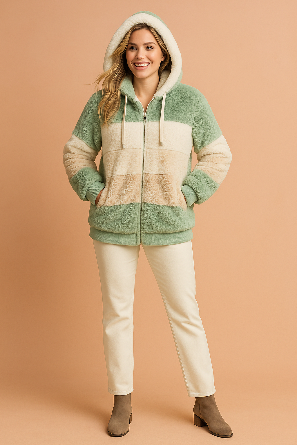 Warm Padded Jacket with Striped Hood