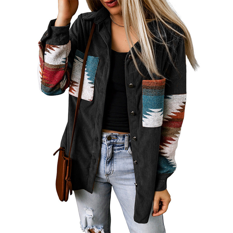 Casual Corduroy Women's Aztec Button Jacket