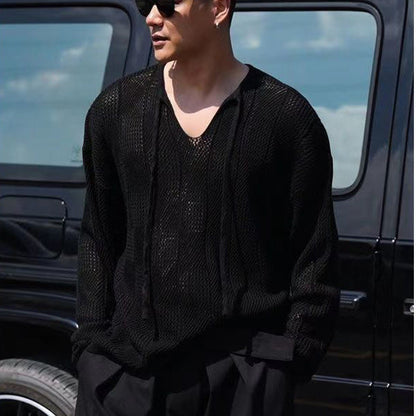 Casual Men's V-Neck Sweater with Lace Up Detail