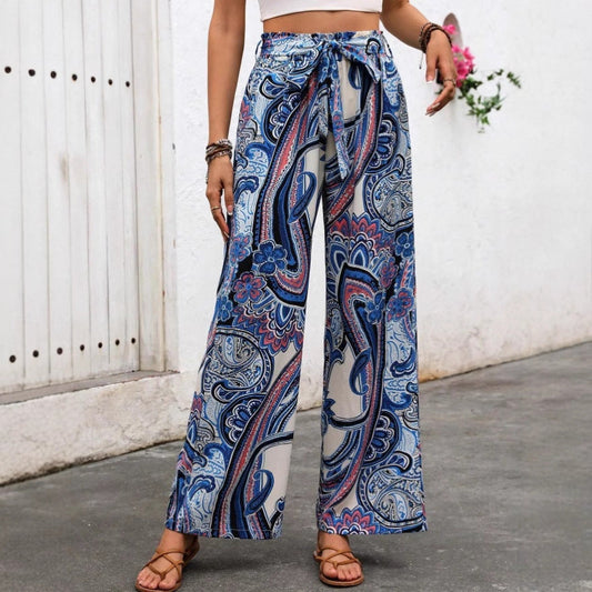 Women's Wide Leg High Waist Pants Lightweight Floral Print - EasyApparels