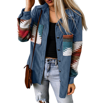 Casual Corduroy Women's Aztec Button Jacket