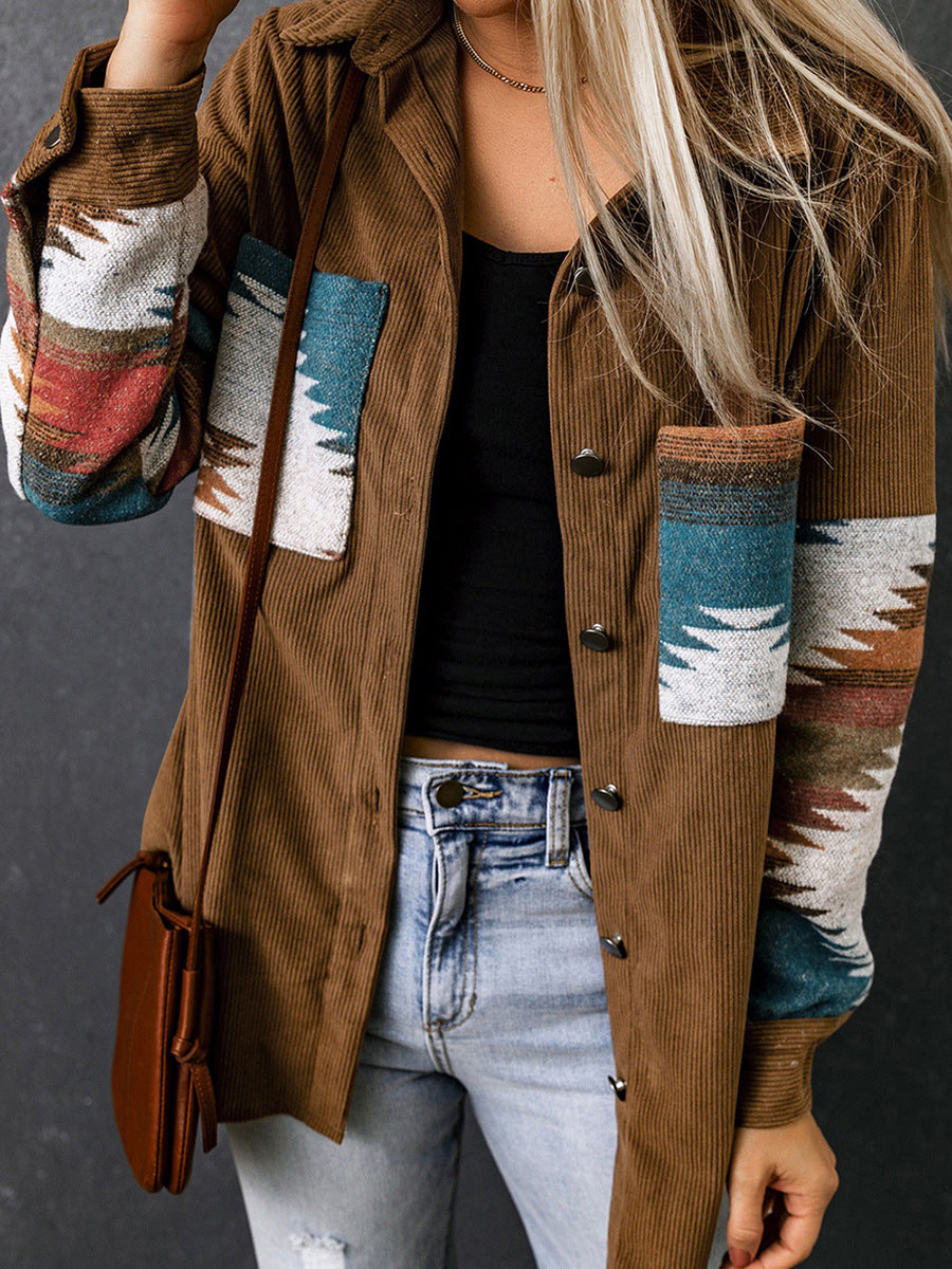 Casual Corduroy Women's Aztec Button Jacket - EasyApparels