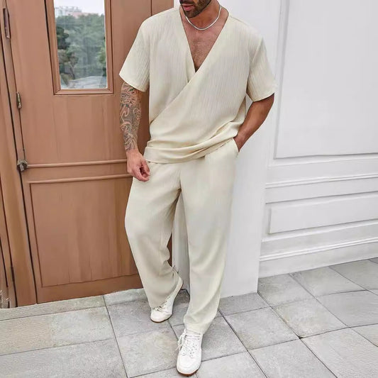 Casual Men's Set - Loose Fit V-neck Tee and Jogger Pants - EasyApparels