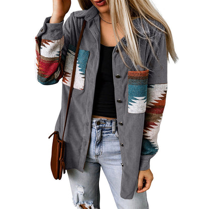 Casual Corduroy Women's Aztec Button Jacket