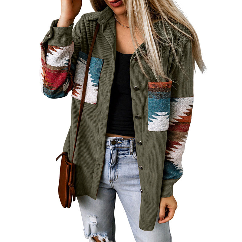 Casual Corduroy Women's Aztec Button Jacket