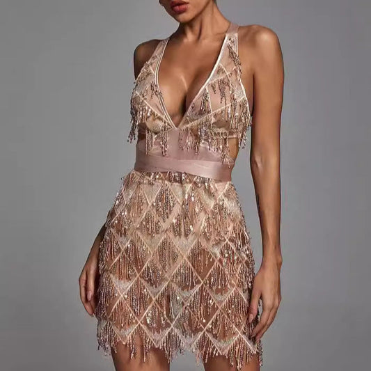 Sexy Womens Midi Dress with V Neck and Sparkle Details - EasyApparels