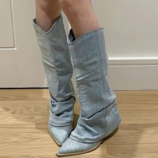 Trendy Women's High Denim Boots - EasyApparels
