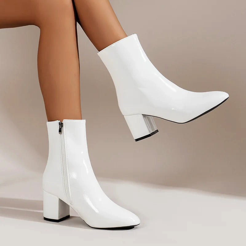 Shiny Low Heel Ankle Boots with Side Zip - EasyApparels