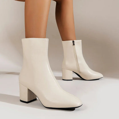 Shiny Low Heel Ankle Boots with Side Zip