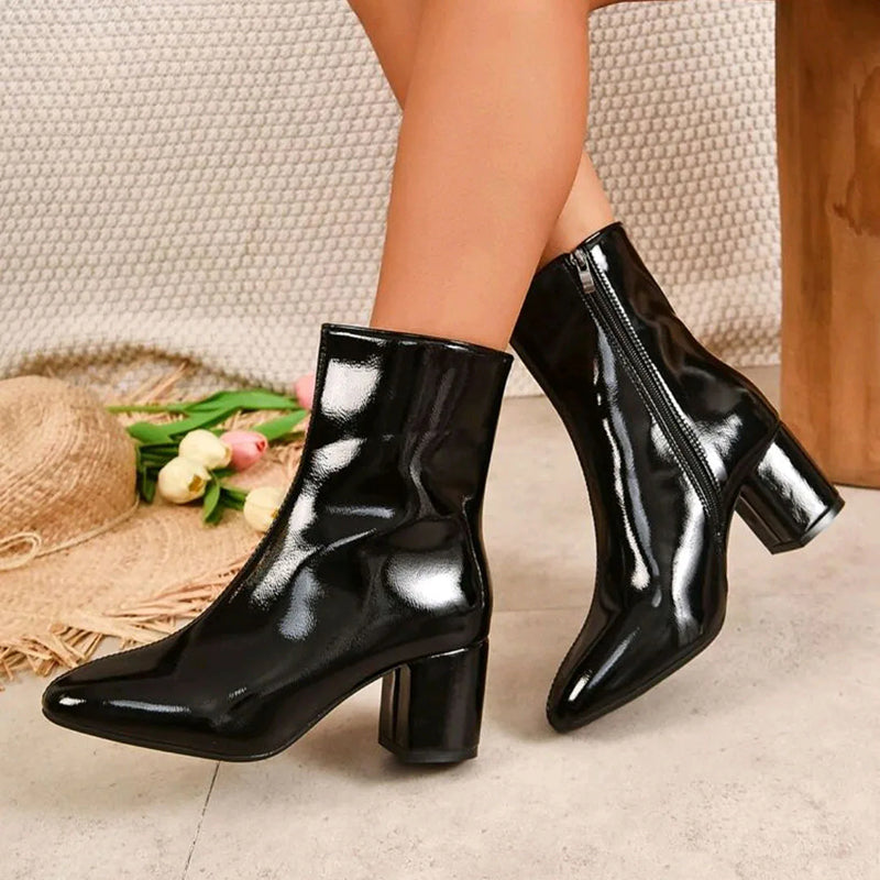 Shiny Low Heel Ankle Boots with Side Zip
