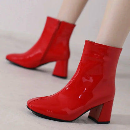 Shiny Leather Low Heel Ankle Boots for Women - EasyApparels