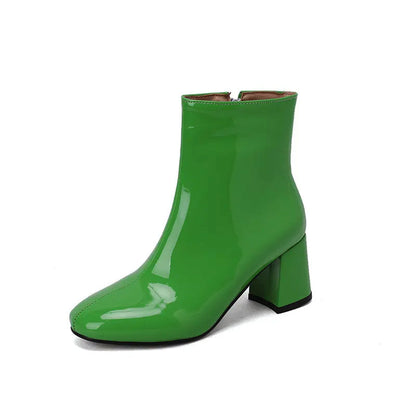 Shiny Leather Low Heel Ankle Boots for Women