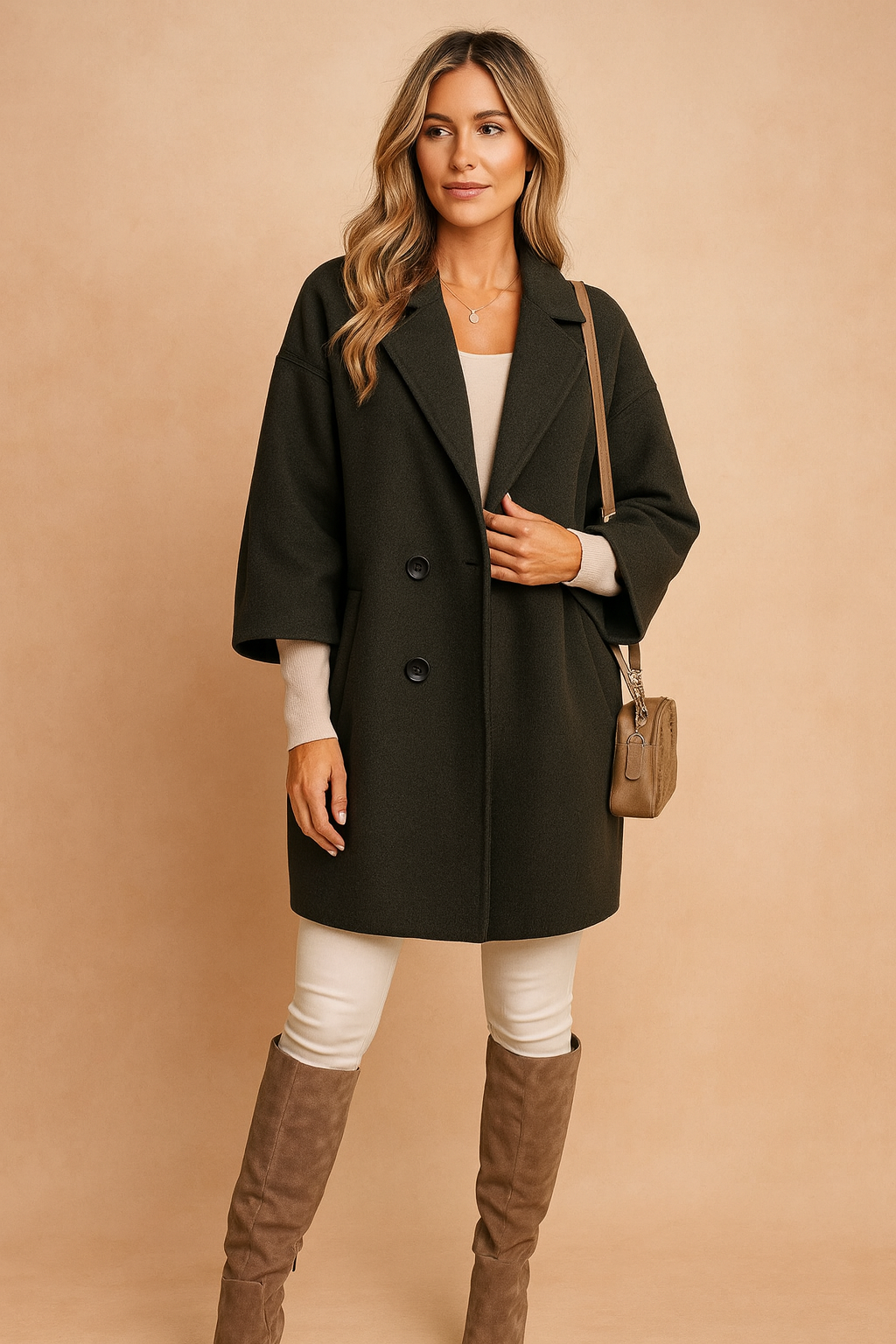 Ladies Classic Button Coat with Faux Fur Collar