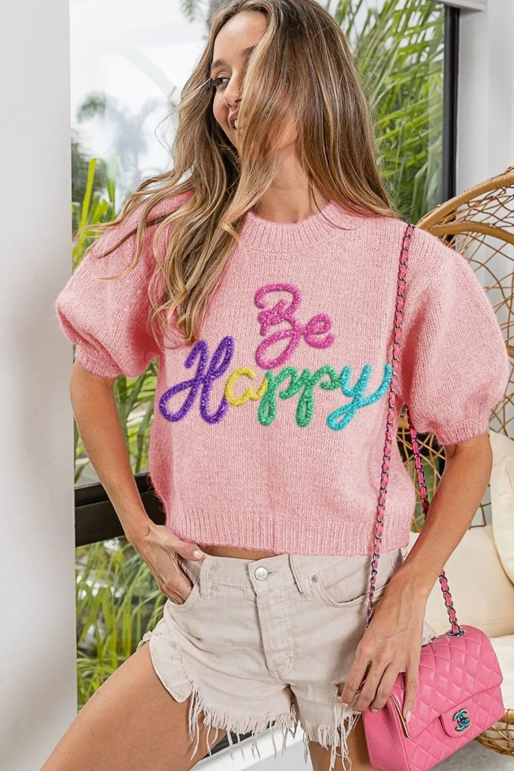 Shiny Alphabet Short Puffy Sleeve Fuzzy Sweater - EasyApparels
