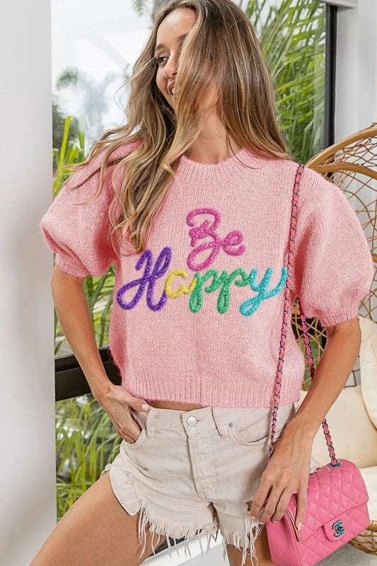 Shiny Alphabet Short Puffy Sleeve Fuzzy Sweater - EasyApparels