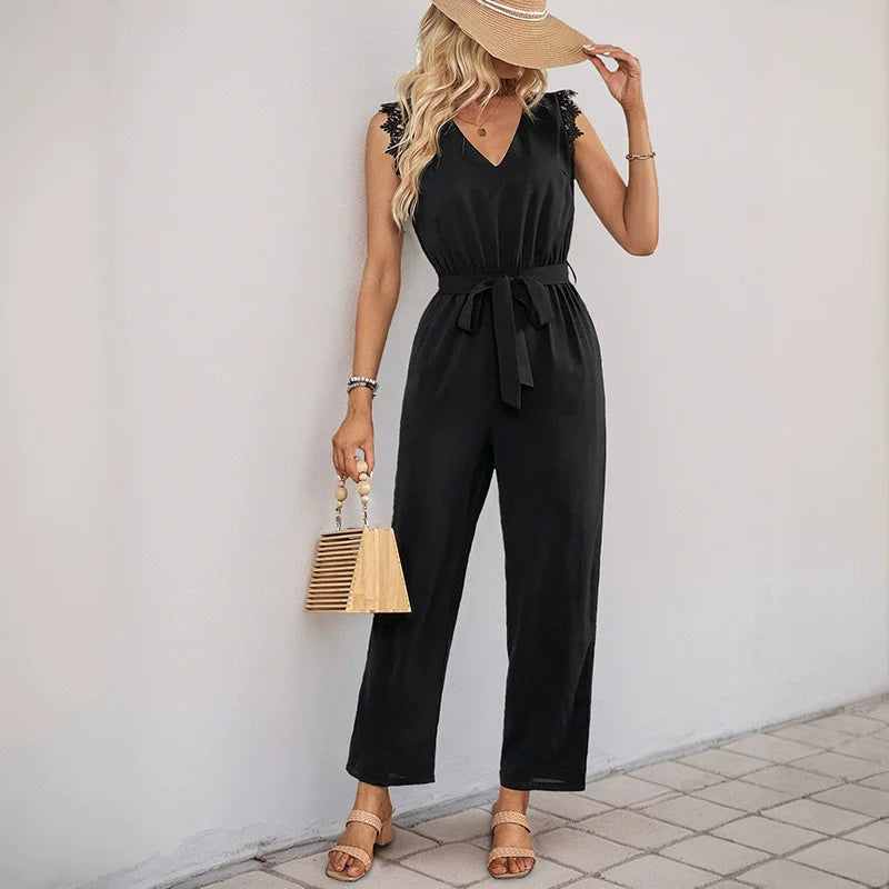 Women's V-Neck Ruffle Jumpsuit with Wide Legs - EasyApparels