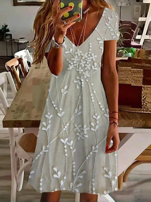 Short Sleeve V Neck Mini Dress with Leaf Print - EasyApparels