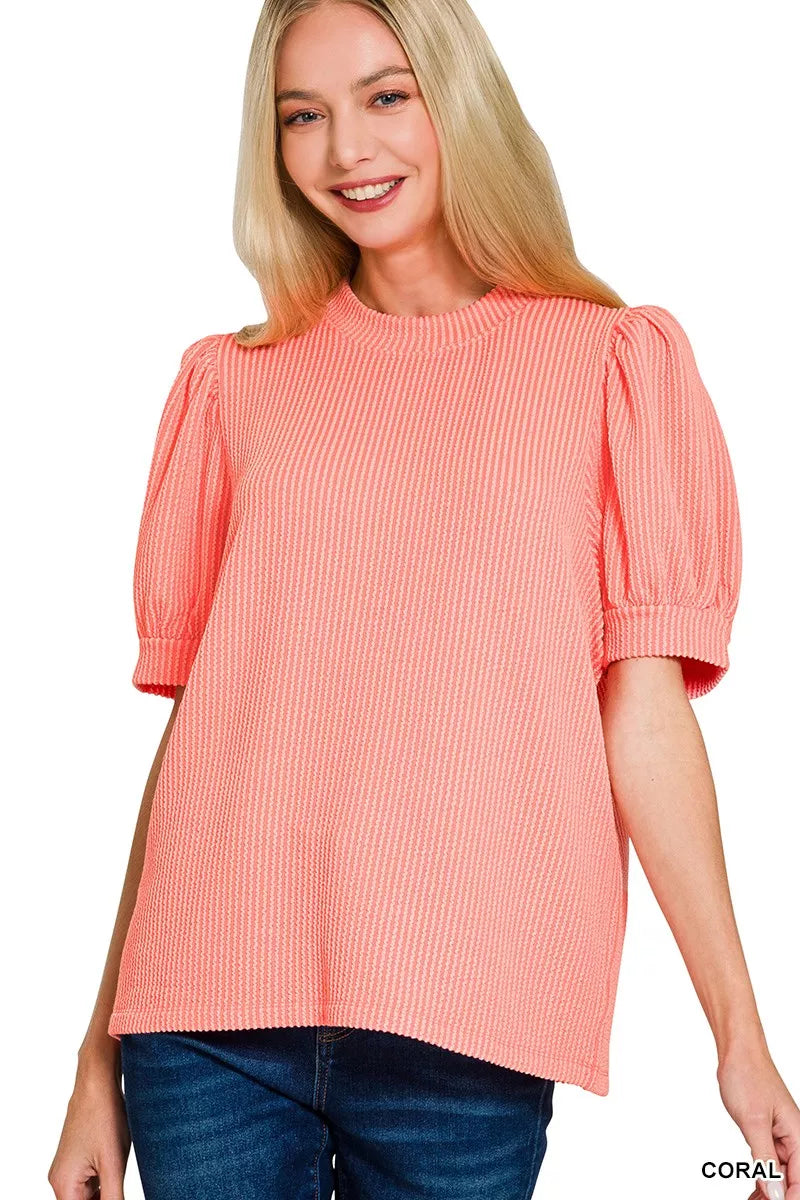 Women's Textured Puff Sleeve Blouse - EasyApparels