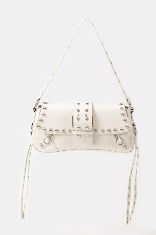 Shiny Synthetic Leather Stud Shoulder Handbag - EasyApparels