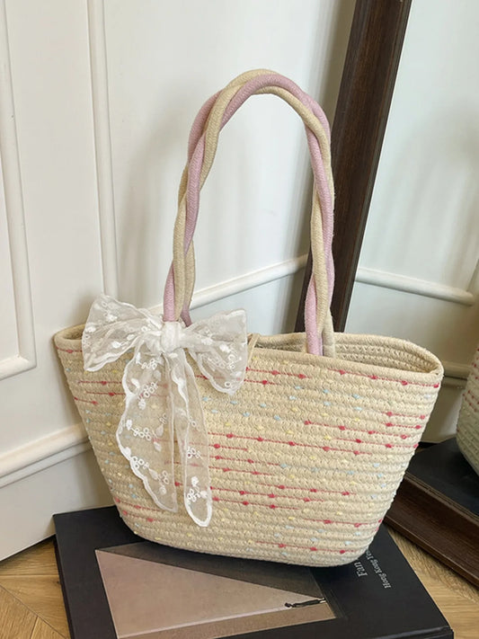 Natural Fiber Tote Bag with Floral Accent - EasyApparels