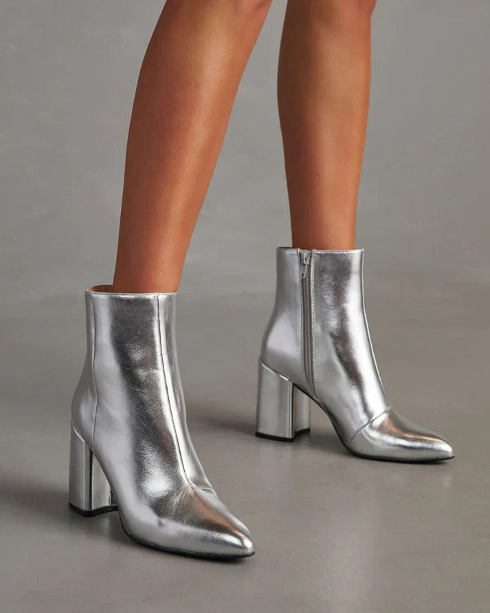 Shiny Metal Low Heel Boots - EasyApparels