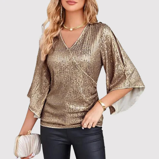 Women's V-Neck Wrap Blouse with Sparkly Ruffle Sleeves - EasyApparels