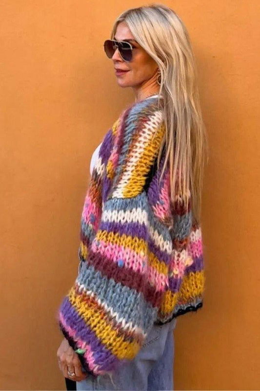 Women's Classic Stripe Cropped Sweater Cardigan - EasyApparels