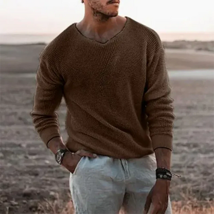 Casual Men's V Neck Sweater Long Sleeve Ribbed Fit