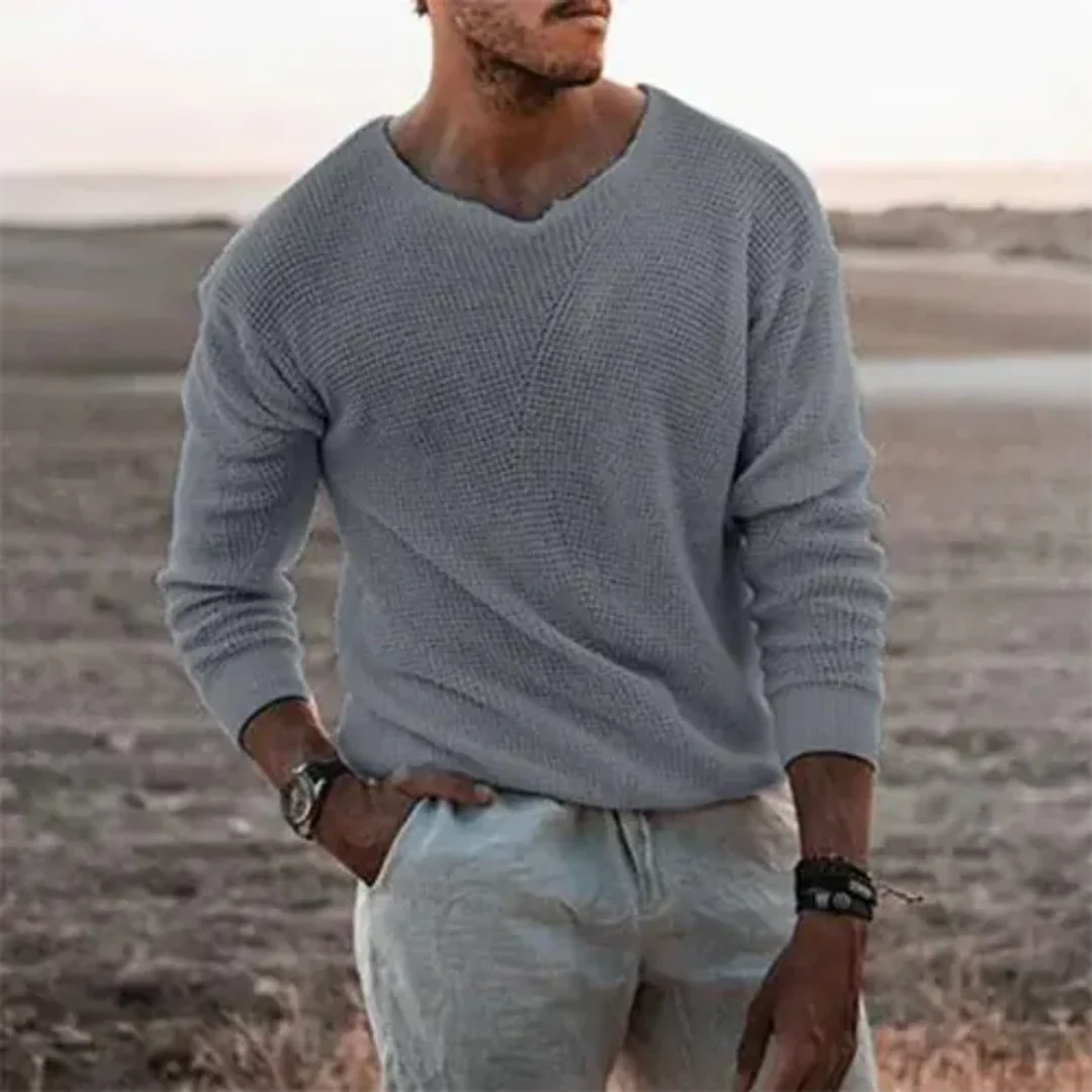 Casual Men's V Neck Sweater Long Sleeve Ribbed Fit