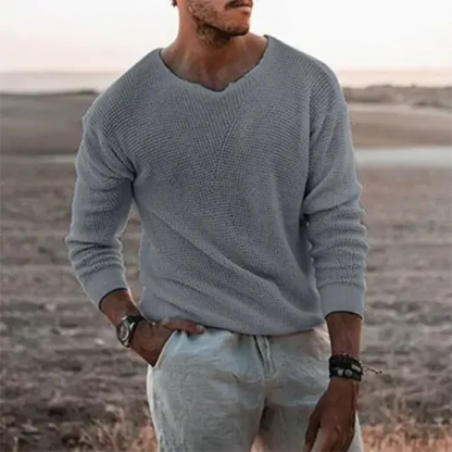 Casual Men's V Neck Sweater Long Sleeve Ribbed Fit