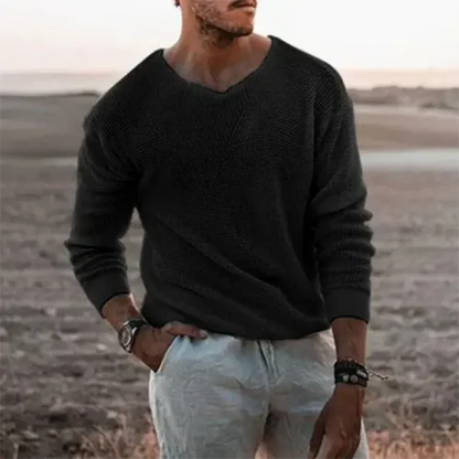 Casual Men's V Neck Sweater Long Sleeve Ribbed Fit