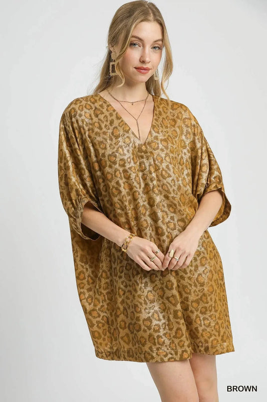 Shiny Animal Print V Neck Kimono Dress - EasyApparels